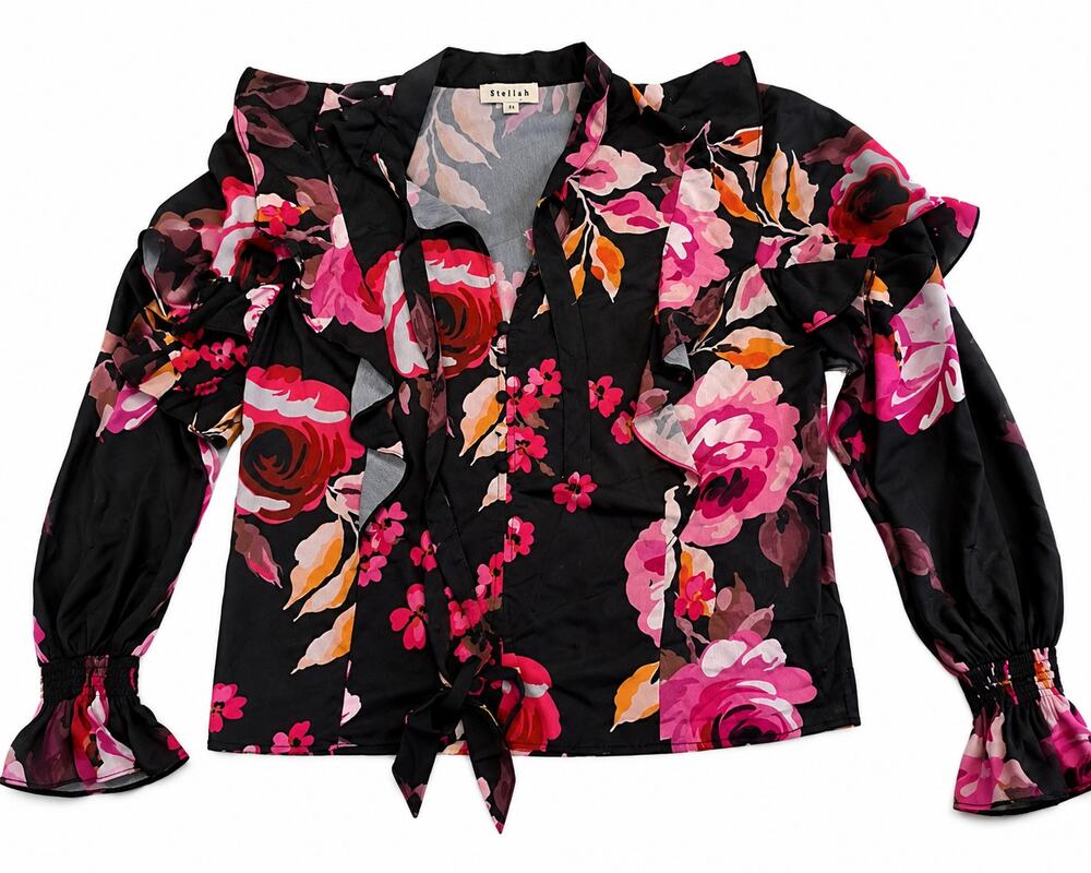 Stellah Women's M Black Pink Floral Ruffle Blouse Tie Front Smocked Cuff